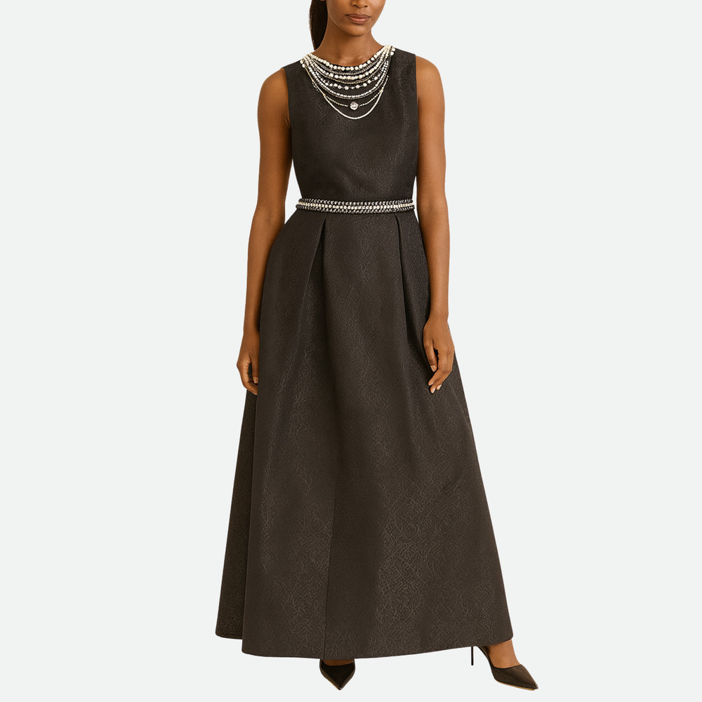 Alicia and Olivia Jewel Embellished Textured Pleated Gown Black